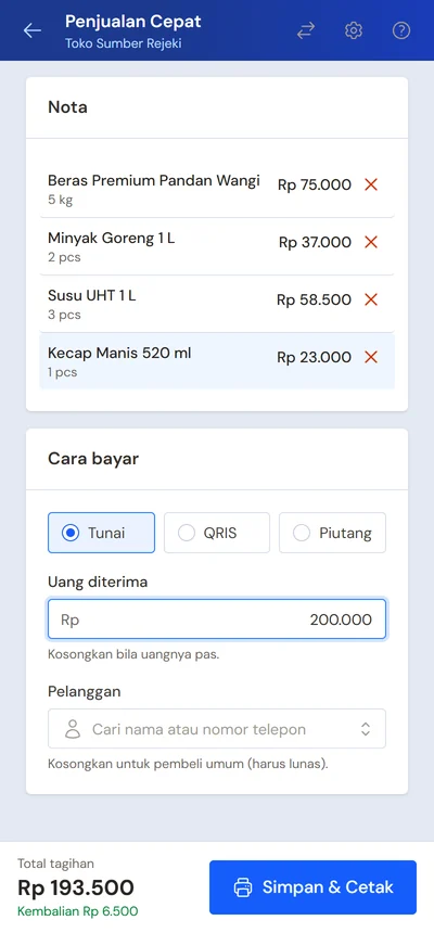 Contoh Penjualan Cepat di HP dengan kembalian
