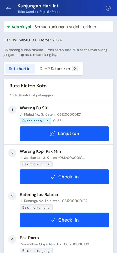 Contoh Kunjungan Hari Ini untuk sales keliling di HP